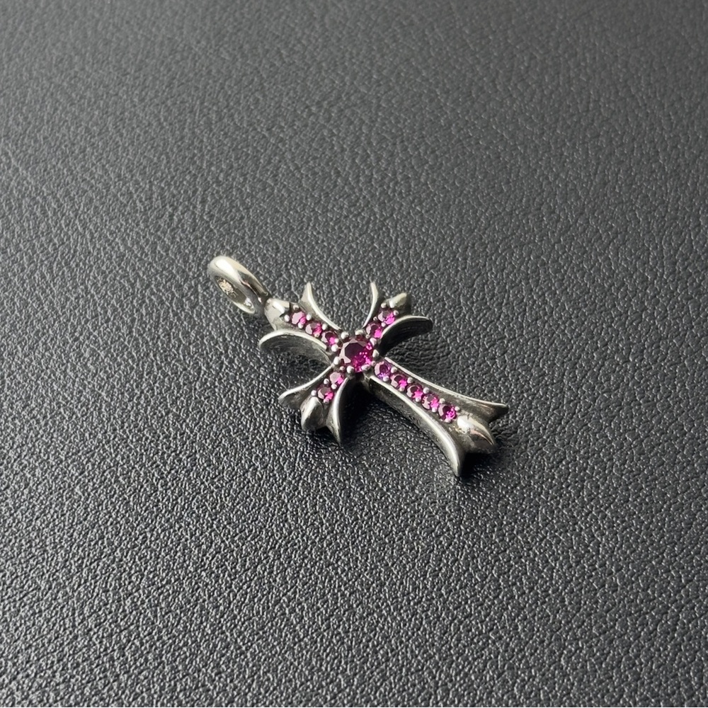 Chrome Hearts Silver Tiny Fat Cross Ruby Pave Pen… - image 3